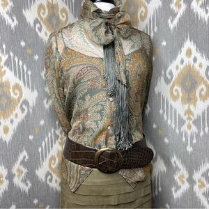 Ralph Lauren Black Label Olive Goat Suede Ruffle Pencil Skirt